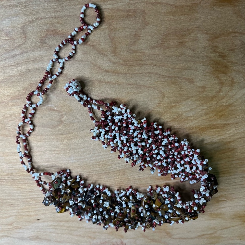 Handcrafted Beaded Necklace - Red and White, Tiger’s Eye
